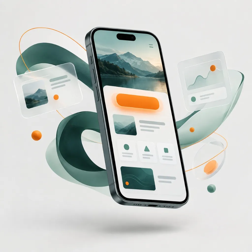 3D ilustrace nového webu na telefonu a komponent